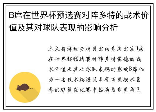 B席在世界杯预选赛对阵多特的战术价值及其对球队表现的影响分析 B席在世界杯预选赛对阵多特的战术价值及其对球队表现的影响分析