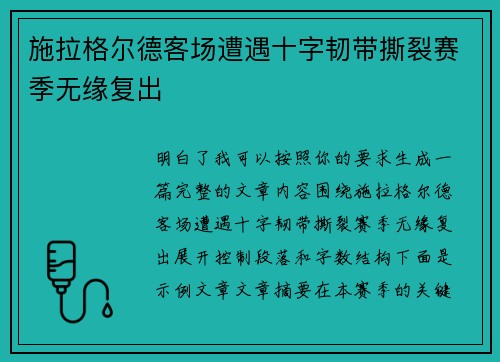 施拉格尔德客场遭遇十字韧带撕裂赛季无缘复出